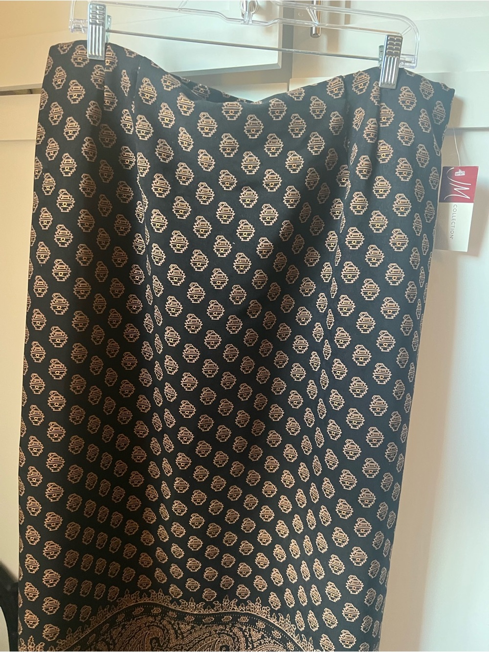 JM Collection Black Midi Skirt with Gold Medallion Print